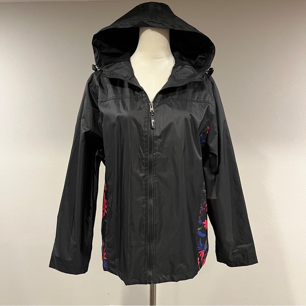 Vintage‎ floral Black Hooded zip up rain Jacket size extra large